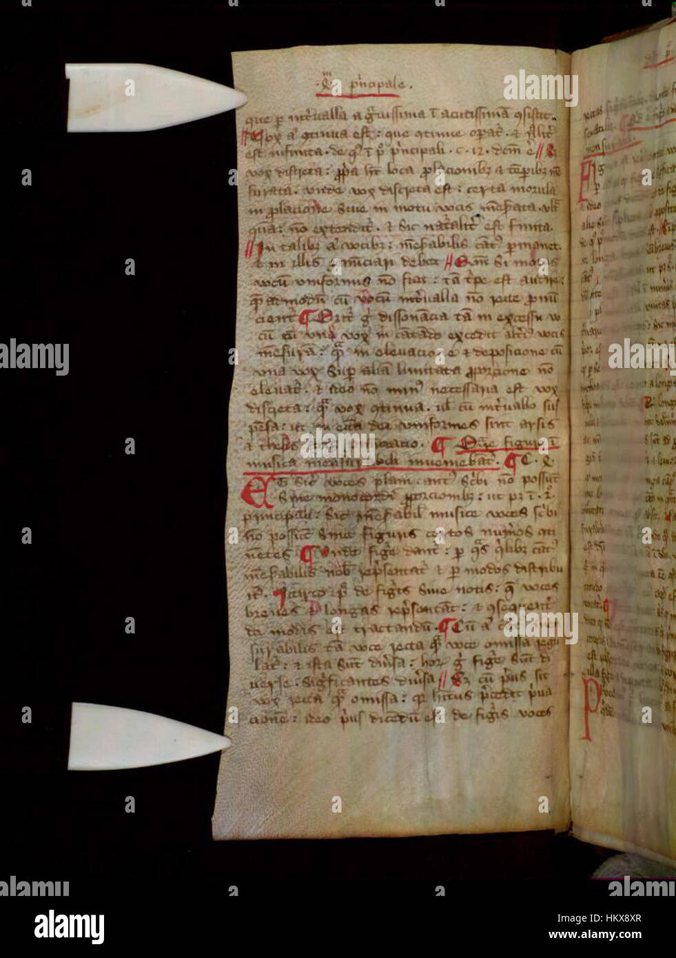 Das Quattuor Principalia Musicae ist ein mittelalterliches Manuskript, das in den Bodleian Libraries aufbewahrt wird. Diese 39v-Seite enthält Notation aus dem Mittelalter, die die frühe westliche Musiktheorie und Notensysteme repräsentiert. Stockfoto