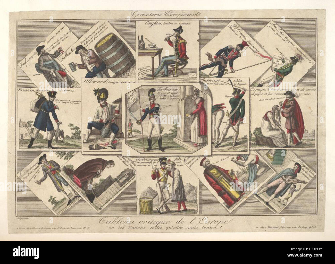 Dieses Kunstwerk, „Tableau Critique de l'Europe“, das in den Bodleian-Bibliotheken untergebracht ist, kritisiert europäische Nationen in einem satirischen Stil. Sie reflektiert die europäische Politik und den sozialen Kommentar des 18. Jahrhunderts durch karikierte Repräsentationen von Nationen. Stockfoto