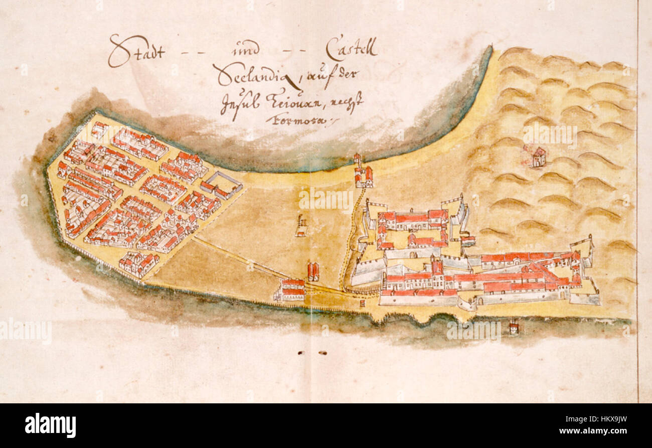 Dieser Blick aus der Vogelperspektive auf Zeelandia, der um 1652 geschaffen wurde, bietet eine historische Perspektive auf die Festung und die Umgebung und veranschaulicht die niederländische Kolonialarchitektur. Stockfoto