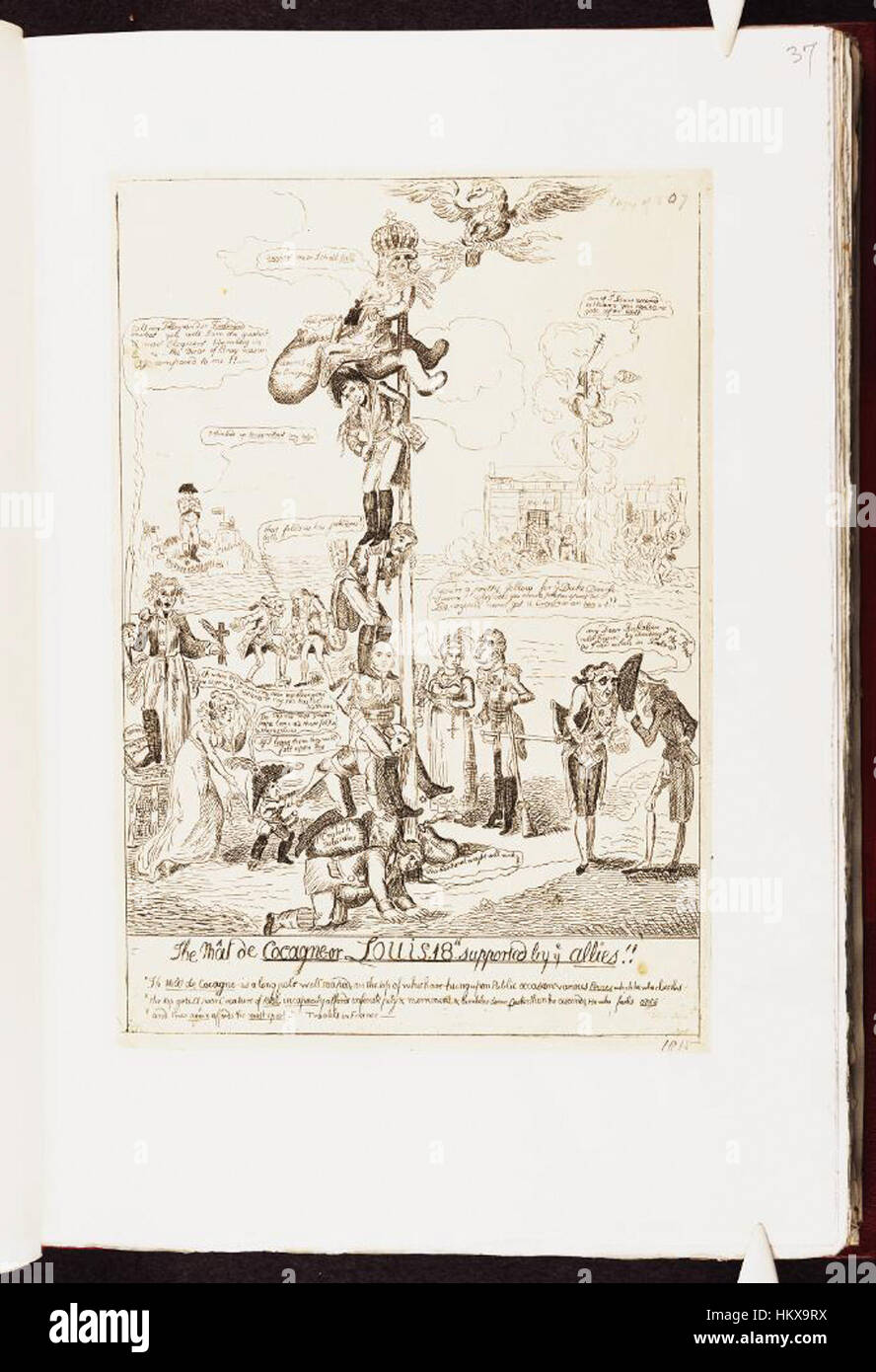 Das Kunstwerk mit dem Titel „The Mat de Cocagne“ zeigt Ludwig XVIII., unterstützt von seinen Verbündeten, und reflektiert politische Themen und Bündnisse des 18. Jahrhunderts während der postrevolutionären Zeit in Frankreich. Stockfoto