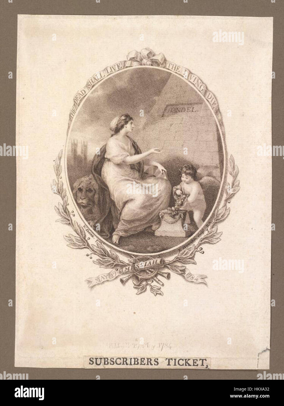 Dieses historische Dokument aus den Bodleian Libraries ist ein Ticket, das eine Vorstellung von „der Messias“ im Jahr 1784 ankündigt. Das Stück bietet einen Einblick in das kulturelle und künstlerische Leben des 18. Jahrhunderts. Stockfoto