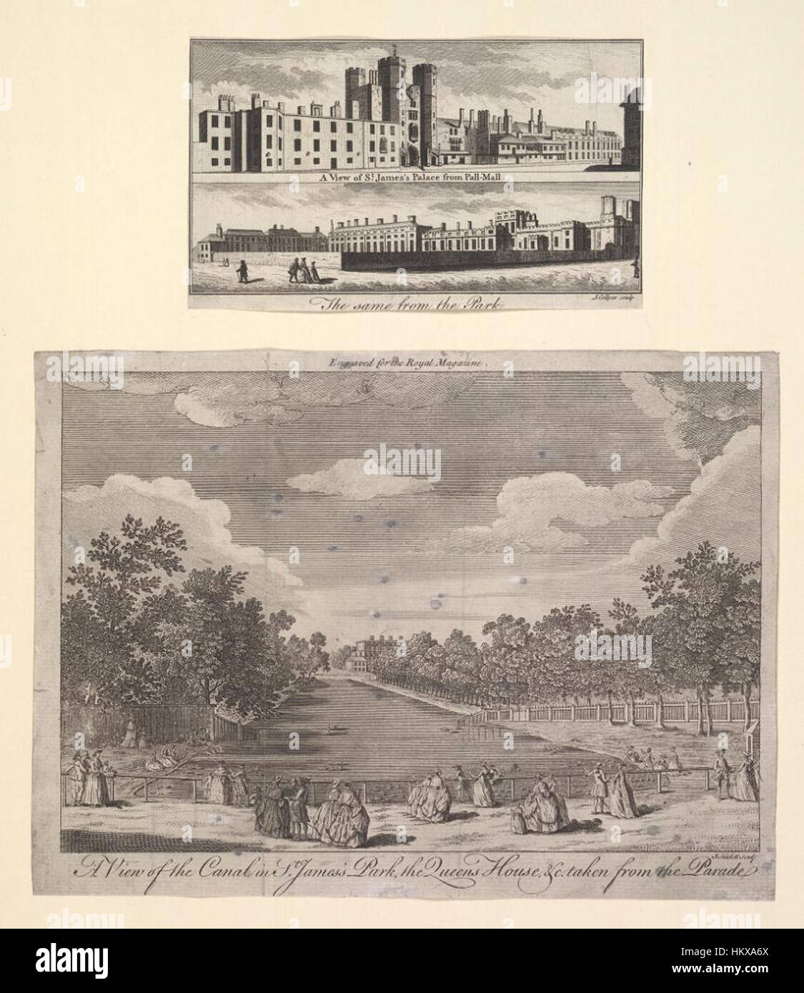 Dieses Kunstwerk zeigt einen Blick auf den St. James's Palace in London von der Pall-Mall aus und zeigt die ikonische Architektur des Palastes. Das Gemälde unterstreicht die historische Bedeutung des Palastes, einer wichtigen königlichen Residenz im Herzen von London, mit seinem großen Design und historischen Kontext. Stockfoto