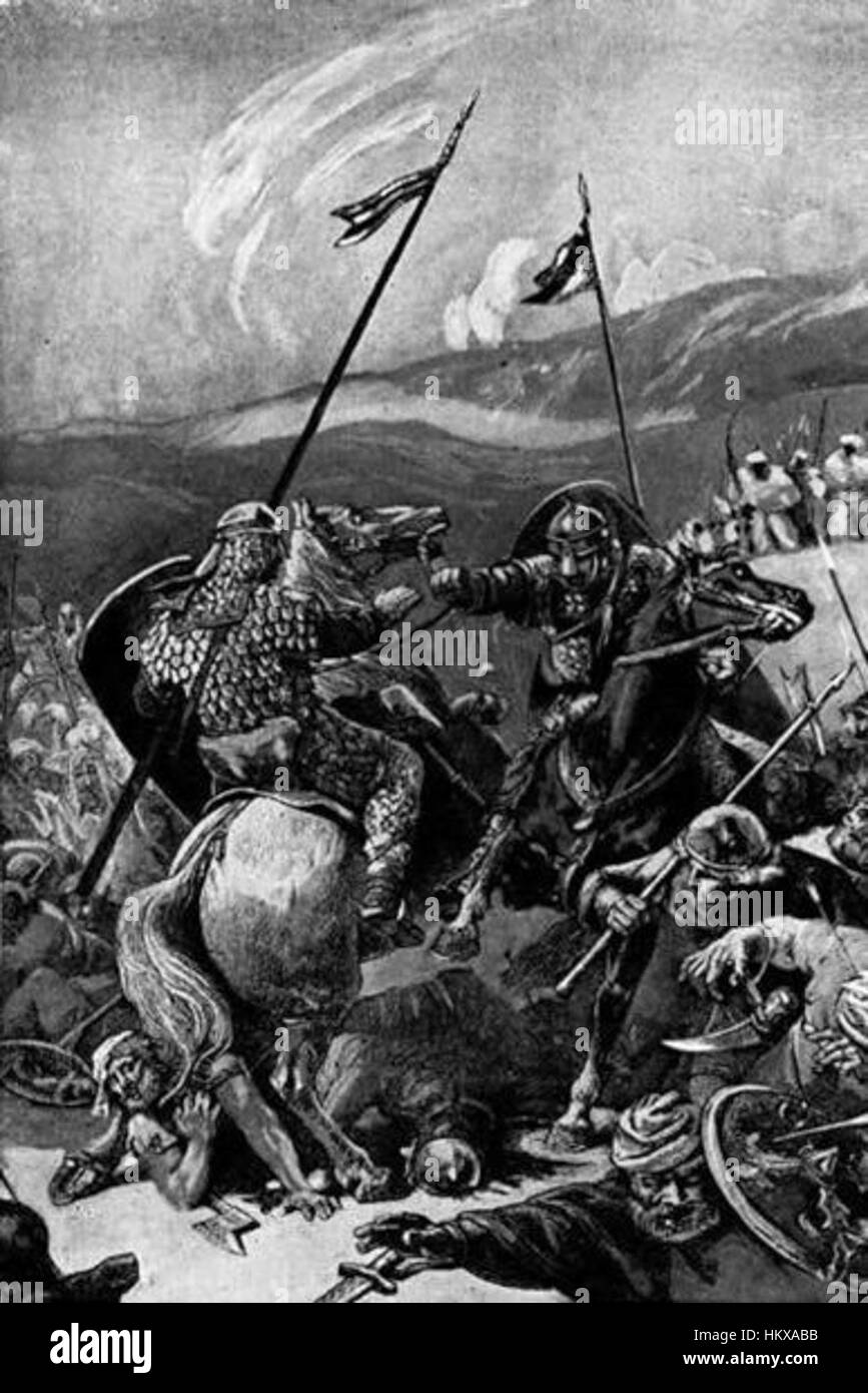 Dieses historische Gemälde zeigt Bohemund von Tarent, einen prominenten Anführer während des Ersten Kreuzzugs, in der Schlacht. Das Kunstwerk fängt seine Rolle bei den Kreuzzügen und seine militärische Stärke ein, wobei der Schwerpunkt auf der dramatischen und intensiven Atmosphäre des mittelalterlichen Krieges liegt. Stockfoto