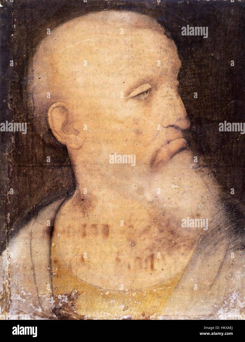 Dieses Kunstwerk, das Boltraffic nach Leonardo da Vinci zugeschrieben wird, zeigt den Kopf des Heiligen Andreas. Das Stück spiegelt den Einfluss von da Vincis meisterhafter Technik wider und zeigt feine Details in der Darstellung von Gesichtszügen. Es ist ein Paradebeispiel religiöser Kunst der Renaissance. Stockfoto