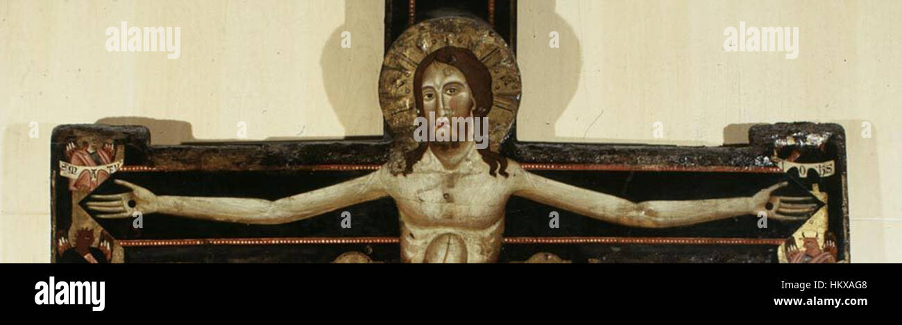 Bonaventura Berlinghieris „gemaltes Kreuz“ mit einer Größe von 286 x 187 cm ist ein Schlüsselbeispiel italienischer mittelalterlicher Kunst. Dieses religiöse Werk aus dem 13. Jahrhundert, das im Palazzo Barberini ausgestellt ist, repräsentiert die sakrale Kunst dieser Zeit. Stockfoto