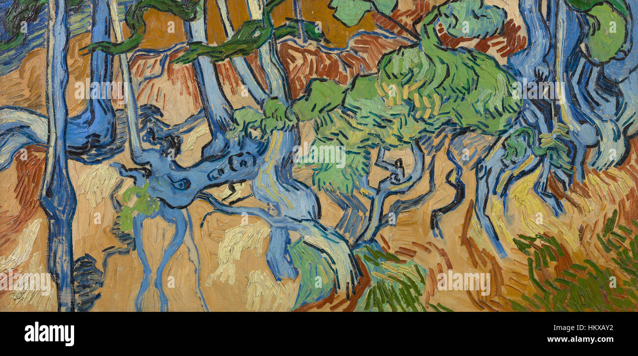 „Boomwortels“ (Wurzeln der Bäume), ein Kunstwerk im Van Gogh Museum, zeigt die komplizierte Darstellung der Natur. Dieses Stück zeigt Van Goghs charakteristischen Stil, der kräftige Pinselstriche und kräftige Farben verwendet, um die Wurzeln von Bäumen darzustellen, ein Motiv, das seine tiefe Verbindung mit der Natur widerspiegelt. Stockfoto