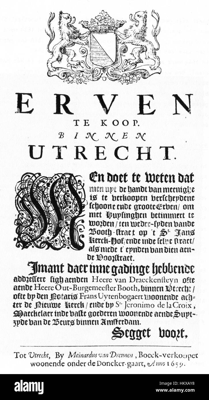 Das „Boothstraat Plakkaat“ ist ein historisches niederländisches Kunstwerk, das Illustrationen und Text kombiniert, um öffentliche Veranstaltungen oder wichtige Hinweise im 18. Jahrhundert zu fördern. Es bietet einen Einblick in die visuelle Kultur der niederländischen Gesellschaft. Stockfoto