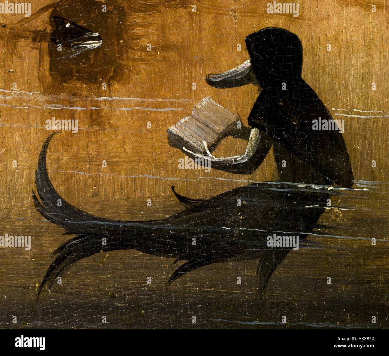 Dieses Stück, das wahrscheinlich von dem berühmten Werk von Hieronymus Bosch inspiriert wurde, spiegelt seine einzigartige Vision fantastischer Gartenszenen wider. Das linke Feld zeigt Figuren, die ungewöhnliche Aktivitäten ausüben, und zeigt eine surreale und symbolische Darstellung von Leben und Versuchung. Stockfoto