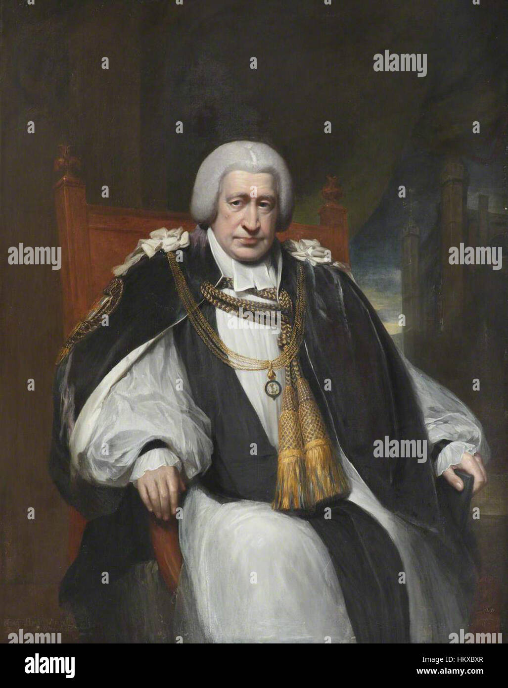 Dieses Gemälde von Henry Howard zeigt BP. Brownlow North, ein anglikanischer Bischof, der für seine Rolle in der religiösen Führung bekannt ist. Das Porträt fängt den Bischof in würdevoller Pose ein und symbolisiert seine Autorität und seinen Einfluss in der Kirche. Stockfoto