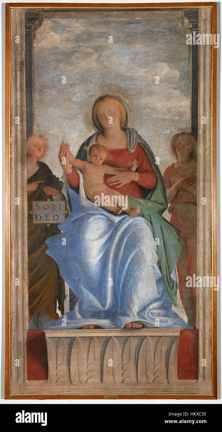 Bramantinos „Madonna del Broletto di Milano“ zeigt eine heitere Darstellung der Madonna und des Kindes, die die Meisterschaft des Künstlers in der Darstellung sakraler Figuren in der religiösen Kunst der Renaissance veranschaulicht. Stockfoto