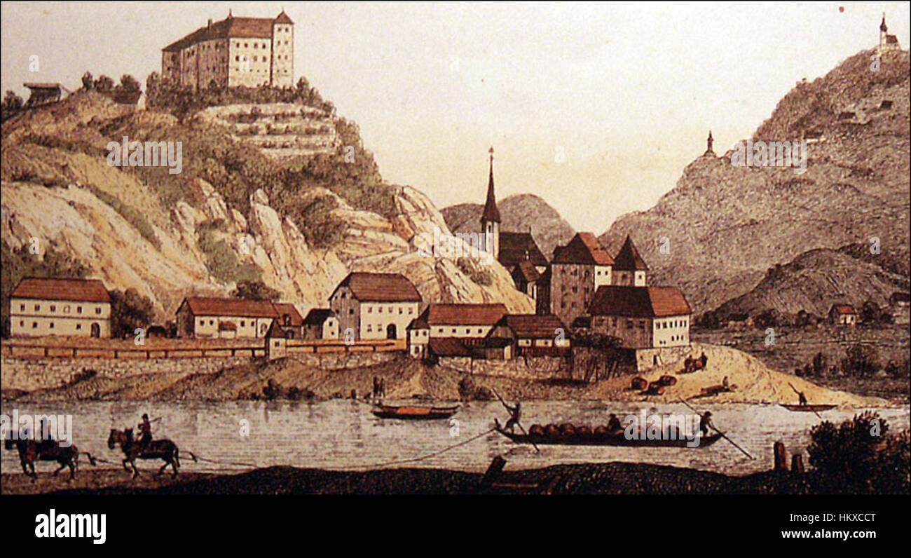 Ein Gemälde von Brestanica Castle aus dem 19. Jahrhundert, das 1830 geschaffen wurde. Das Kunstwerk stellt die architektonische Schönheit und die umgebende Landschaft des Schlosses in klassischem Stil dar. Stockfoto