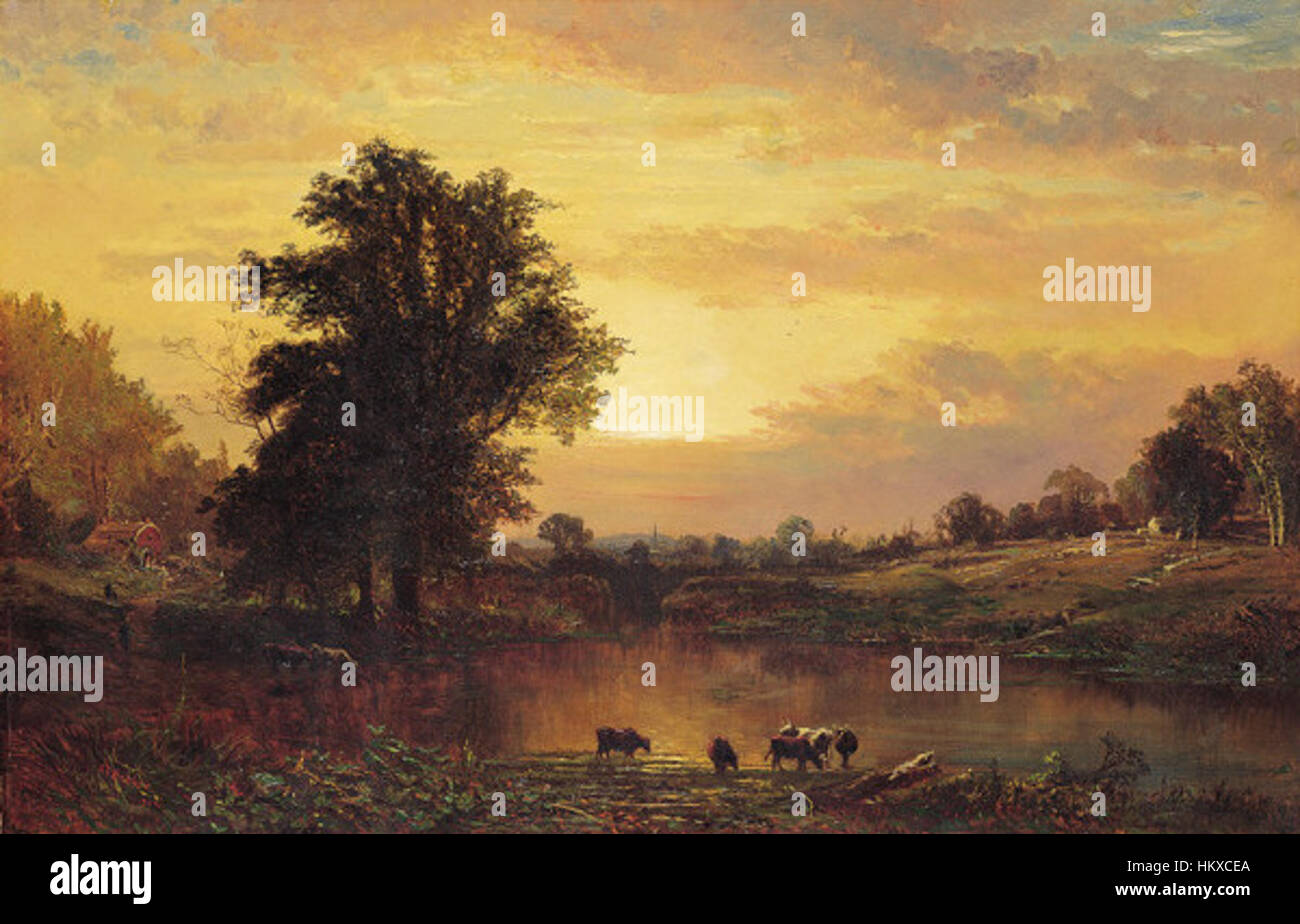 „Sunset Catskills“ von Bricher ist ein ruhiges Landschaftsgemälde, das die ruhige Schönheit der Catskill Mountains bei Sonnenuntergang einfängt. Die Verwendung von warmen Tönen am Himmel und kühlen Farben in den Bergen veranschaulicht die Balance zwischen Ruhe und Pracht der Natur, die für den Stil der Hudson River School charakteristisch ist. Stockfoto