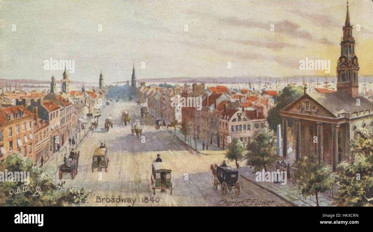 Dieses Gemälde aus dem Jahr 1840 zeigt einen historischen Blick auf den Broadway, New York, und zeigt die Architektur, das Stadtleben und die Straßenszene des frühen 19. Jahrhunderts. Stockfoto