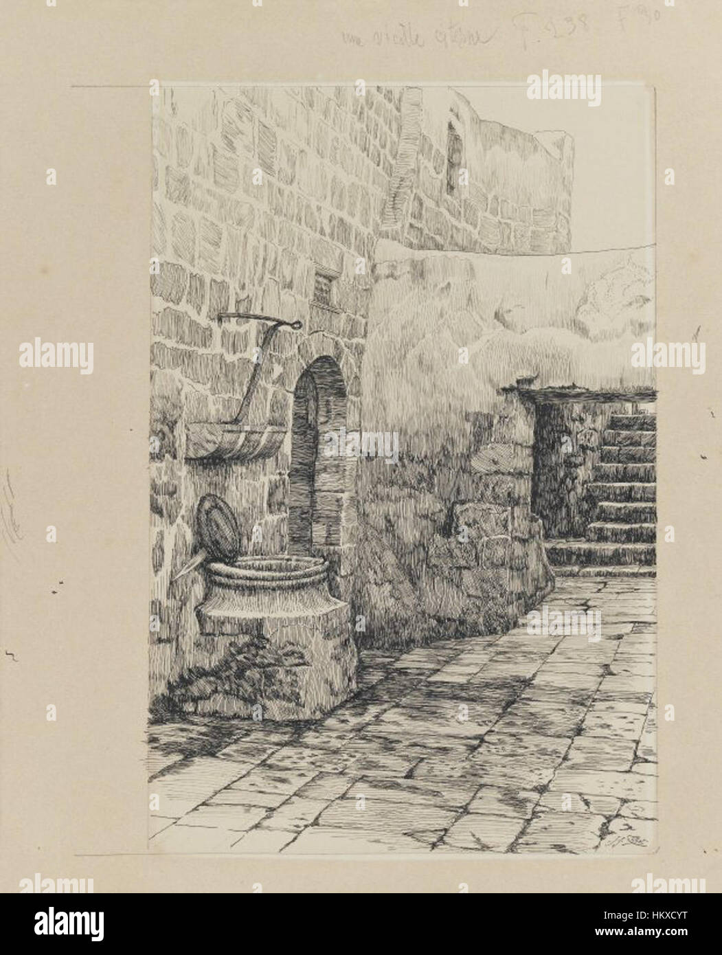 „An Old Cistern“ von James Tissot ist ein bemerkenswertes Gemälde im Brooklyn Museum, das eine Szene in einem biblischen Kontext darstellt. Tissots detaillierter Stil fängt die Umgebung mit einem Fokus auf das komplizierte Spiel von Licht und Schatten ein, das charakteristisch für seine Werke aus dem späten 19. Jahrhundert ist. Stockfoto