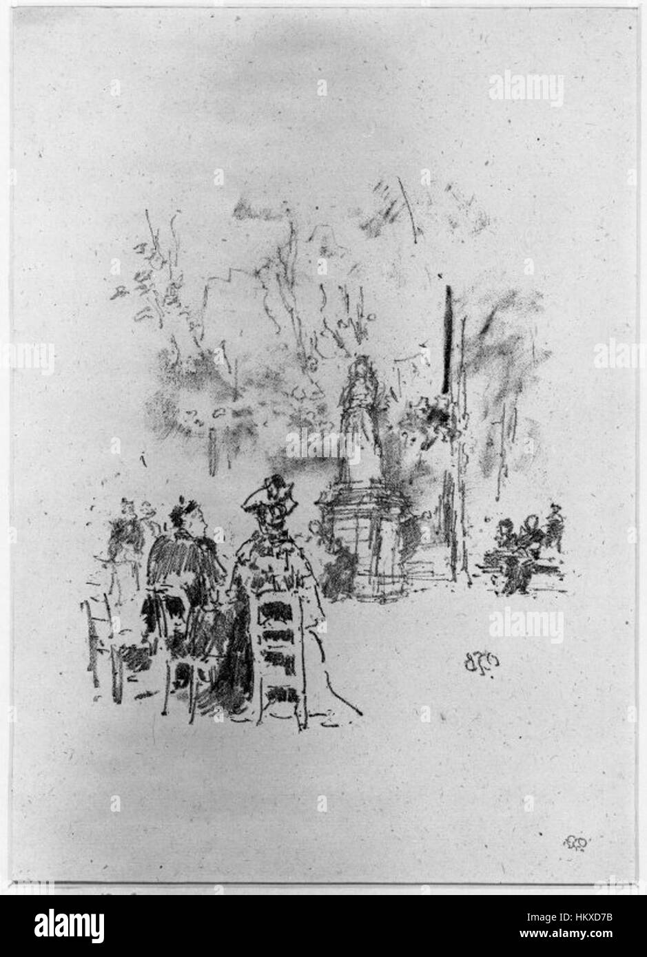 „Konversation unter der Statue“ von James Abbott McNeill Whistler zeigt zwei Personen, die unter einer Statue im Jardin du Luxembourg in Paris miteinander reden. Whistler, bekannt für seinen unverwechselbaren tonalen Stil, verwendet gedämpfte Farben, um die ruhige Atmosphäre der Szene einzufangen. Stockfoto