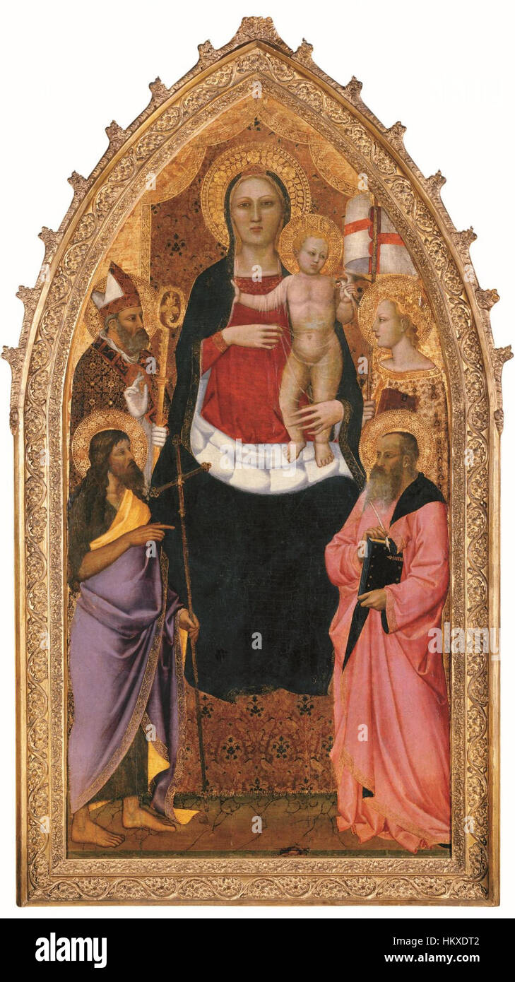Nardo di Ciones „Madonna und Kind thront mit Heiligen“ zeigt die Madonna, die mit dem Kind sitzt und von den Heiligen Zenobius, Johannes dem Täufer, Reparata und Johannes dem Evangelisten begleitet wird, die typisch für die religiöse Kunst der Renaissance sind. Stockfoto