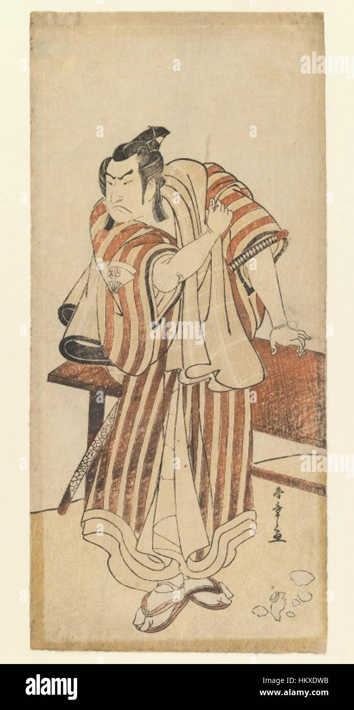 Onoe Matsusuke ist ein Holzschnitt von Katsukawa Shunsho, einem japanischen Künstler aus der Edo-Zeit. Das Stück ist bekannt für seine lebendige Darstellung des Kabuki-Schauspielers Onoe Matsusuke, der das reiche kulturelle Erbe des Theaters aus der Edo-Zeit veranschaulicht. Stockfoto