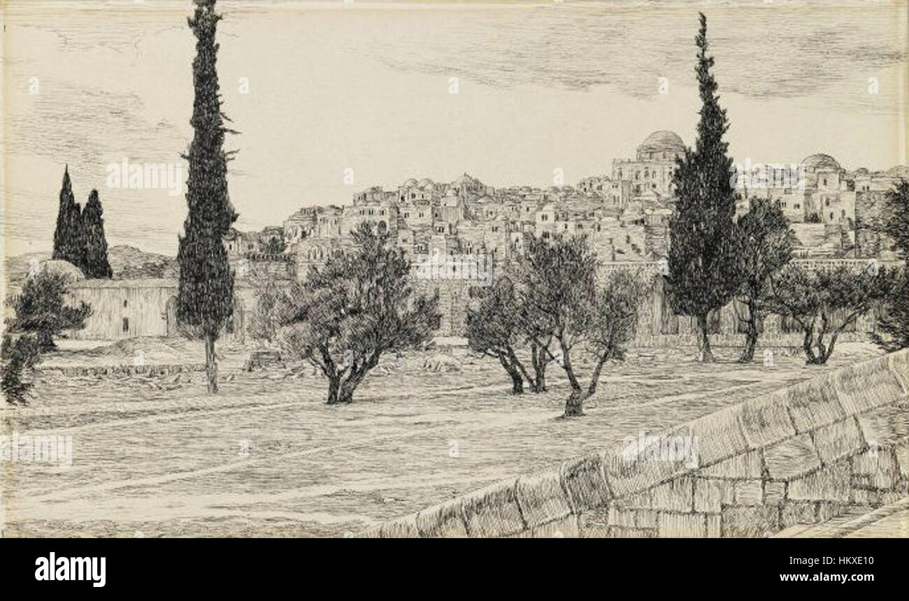 James Tissots Gemälde „Ort des Heidenhofes Haram“ zeigt eine Szene aus dem Tempel in Jerusalem und zeigt seine Aufmerksamkeit für die historische und biblische Genauigkeit. Tissots Arbeit fängt die kulturelle und religiöse Atmosphäre der Zeit ein und zeigt die Umgebung der antiken Stadt. Stockfoto