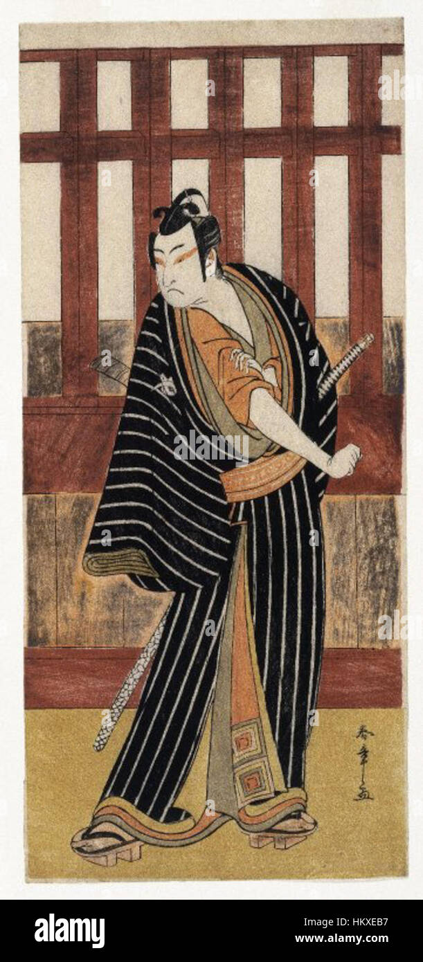 Dieser Ukiyo-e-Druck von Katsukawa Shunsho zeigt den Schauspieler Ichikawa Monnosuke II in einer dynamischen Pose und demonstriert die traditionelle Kunst des Kabuki-Theaters. Der Druck fängt die Eleganz und Ausdrucksstärke der Kabuki-Schauspieler im Japan des 18. Jahrhunderts ein. Stockfoto