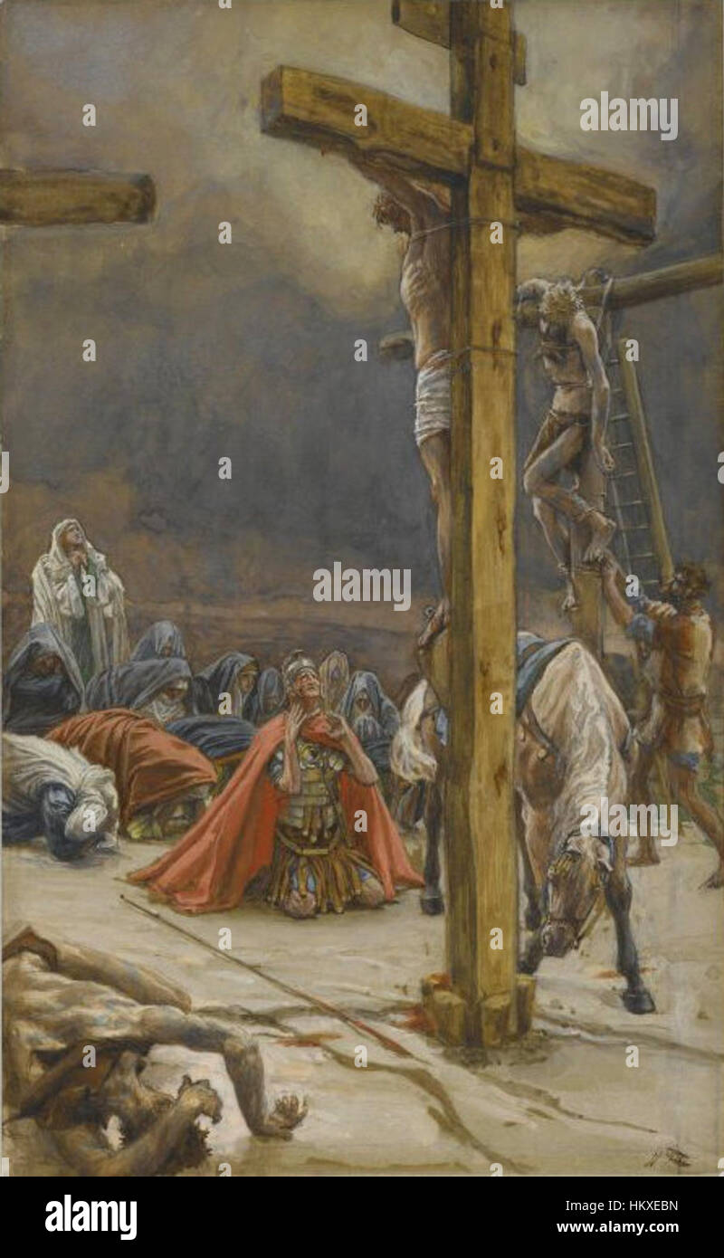 James Tissots Gemälde „das Bekenntnis des Heiligen Longinus“ zeigt die biblische Figur des Heiligen Longinus, die seine Sünden bekennt. Das Stück ist bekannt für seine lebendige Darstellung einer religiösen Szene, die Tissots detaillierten Stil mit reicher Symbolik kombiniert. Stockfoto
