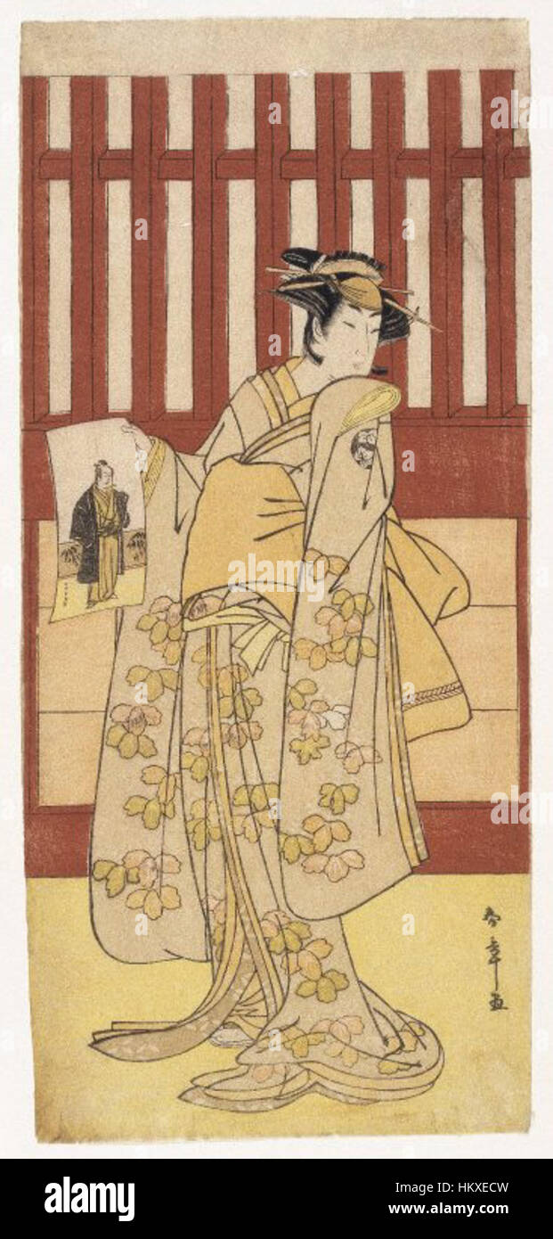 Dieser Holzschnitt aus dem 18. Jahrhundert von Katsukawa Shunsho stellt den Schauspieler Ogawa Tsunezo II in einer weiblichen Rolle dar, eine gängige Praxis im Kabuki-Theater. Der Druck spiegelt den lebendigen Ausdruck und das detailreiche Kostüm wider, das für diese Zeit typisch ist. Stockfoto