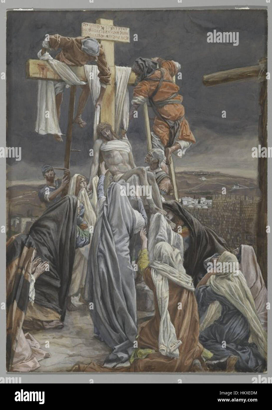 „The Descent from the Cross“ von James Tissot stellt die biblische Szene der Entfernung Christi vom Kreuz dar und erfasst die emotionale Tiefe und religiöse Bedeutung des Augenblicks. Stockfoto