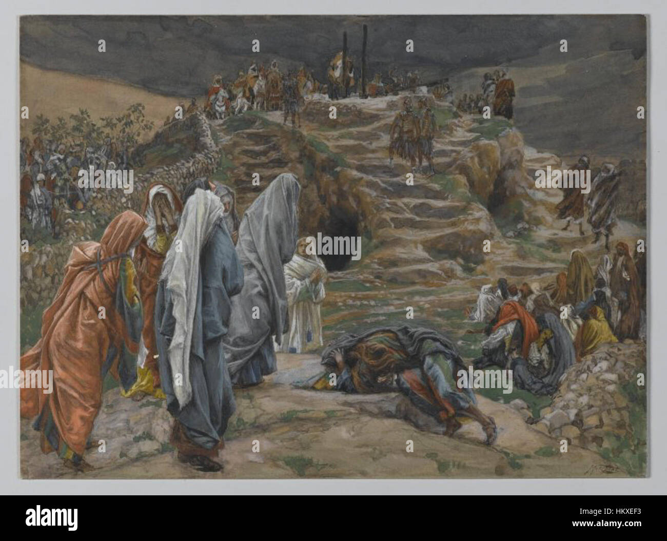 James Tissots Gemälde „die Heilige Frauenwache aus Afar“ zeigt die Frauen, die die Kreuzigung Jesu aus der Ferne bezeugen. Das Kunstwerk zeigt Tissots Aufmerksamkeit für religiöse Themen und fängt den emotionalen Ausdruck von Trauer und Trauer ein und betont die Rolle der Frau in biblischen Ereignissen. Stockfoto