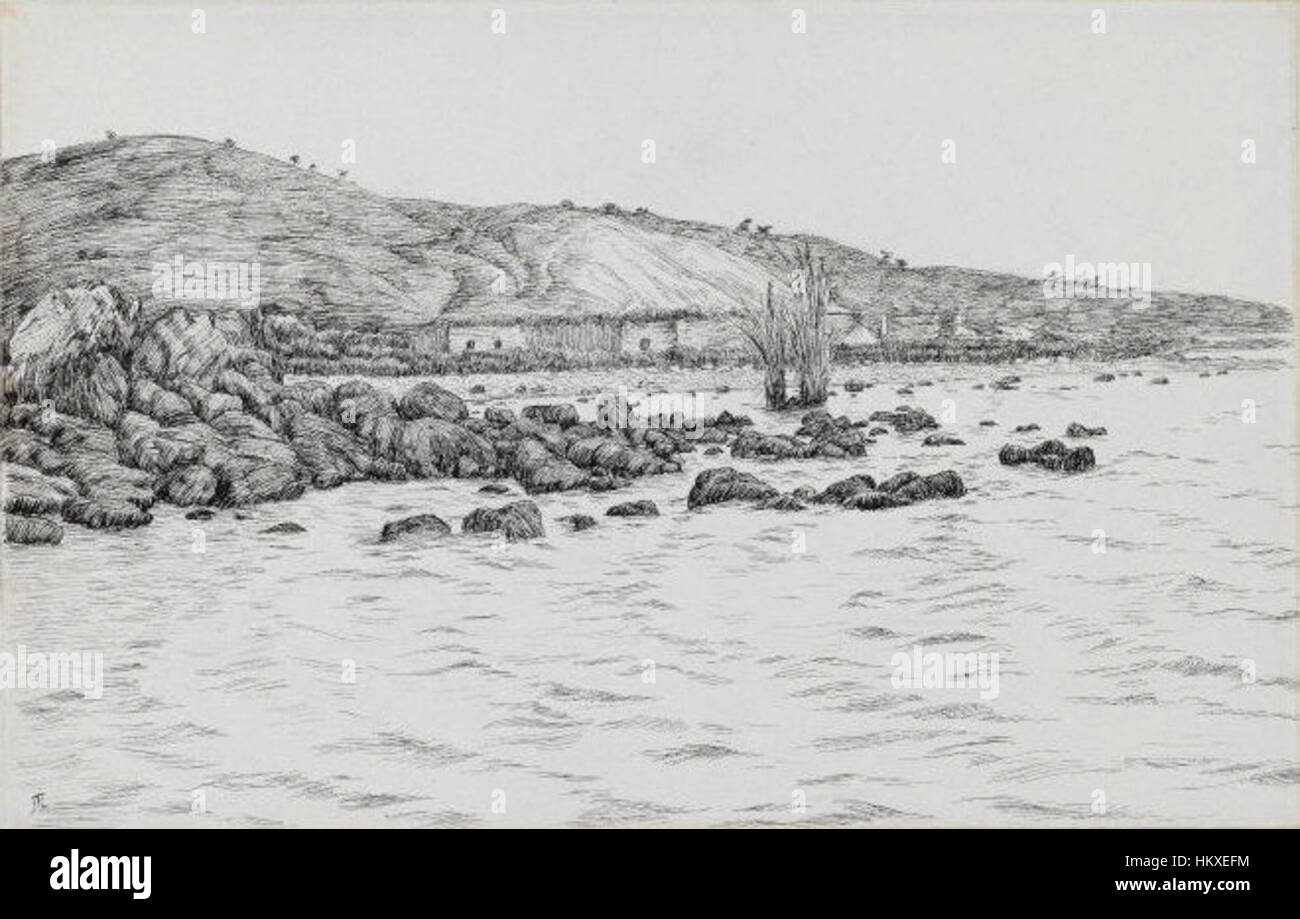 James Tissots Gemälde „der See von Gennesaret in der Nähe der Stätte von Bethsaida“ fängt das ruhige Wasser und den biblischen Kontext des Ortes ein, an dem Jesus Wunder vollbrachte, und zeigt Tissots detaillierten Stil. Stockfoto