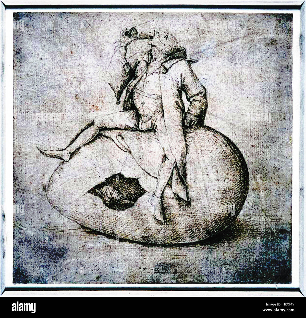 Dieses Kunstwerk nach Pieter Bruegel dem Älteren zeigt humorvoll eine törichte Figur, die versucht, ein leeres Ei auszubrüten. Das Gemälde dient als satirischer Kommentar zur menschlichen Torheit, ein wiederkehrendes Thema in Bruegels Werk, das mit Symbolismus gesellschaftliche Verhaltensweisen kritisiert. Stockfoto