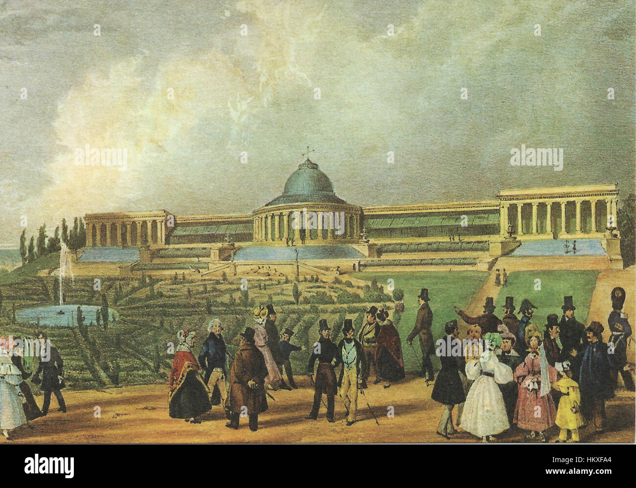 Der Brüsseler Botanische Garten (Brussel de Kruidtuin) ist in diesem Kunstwerk dargestellt und zeigt die üppigen Landschaften und die vielfältigen Pflanzenarten. Das Gemälde spiegelt die Schönheit und Vielfalt eines der renommierten botanischen Gärten Europas wider. Stockfoto
