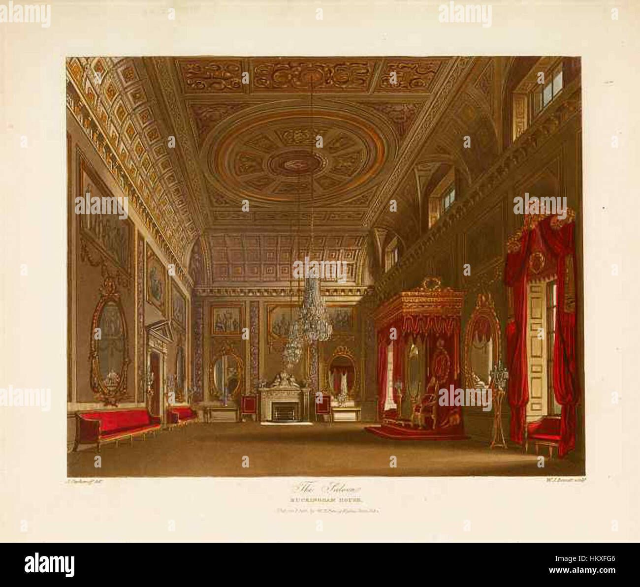 Ein Ölgemälde mit dem Titel „Buckingham House Saloon“ von Pyne. Das Gemälde zeigt das große Innere des Buckingham House und veranschaulicht seine historische Pracht und Opulenz. Pyne war bekannt dafür, die architektonische Schönheit und historische Bedeutung der britischen Anwesen im 19. Jahrhundert zu erfassen. Stockfoto