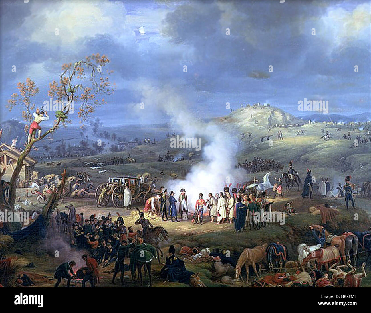 Ein historisches Gemälde, das das Biwakal der französischen Streitkräfte am Vorabend der Schlacht bei Austerlitz am 1. Dezember 1805 darstellt. Das Kunstwerk zeigt das Militärlager, die Vorbereitungen der Soldaten und die strategische Bedeutung der Schlacht. Stockfoto