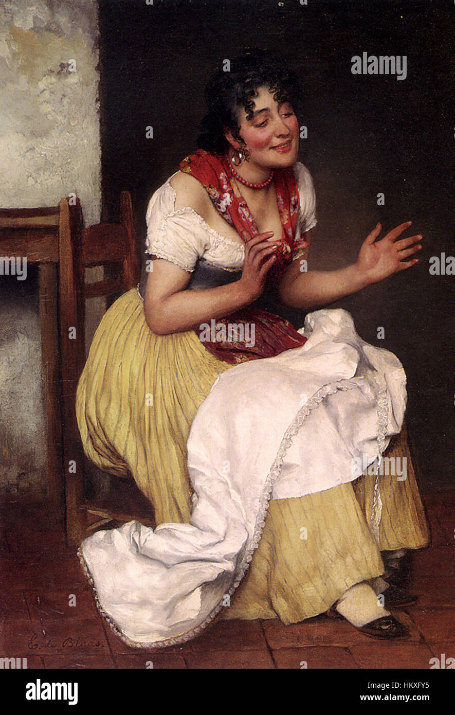 Eugen von Blaas’ Gemälde „eine interessante Geschichte“ zeigt eine Gruppe von Frauen, die sich versammelt haben und aufmerksam einer Frau zuhören, die eine Geschichte zu erzählen scheint. Das Werk veranschaulicht Blaas’ Meisterschaft in der Erfassung intimer Momente und Ausdrucksformen, die das gesellschaftliche Leben im Italien des 19. Jahrhunderts widerspiegeln. Stockfoto