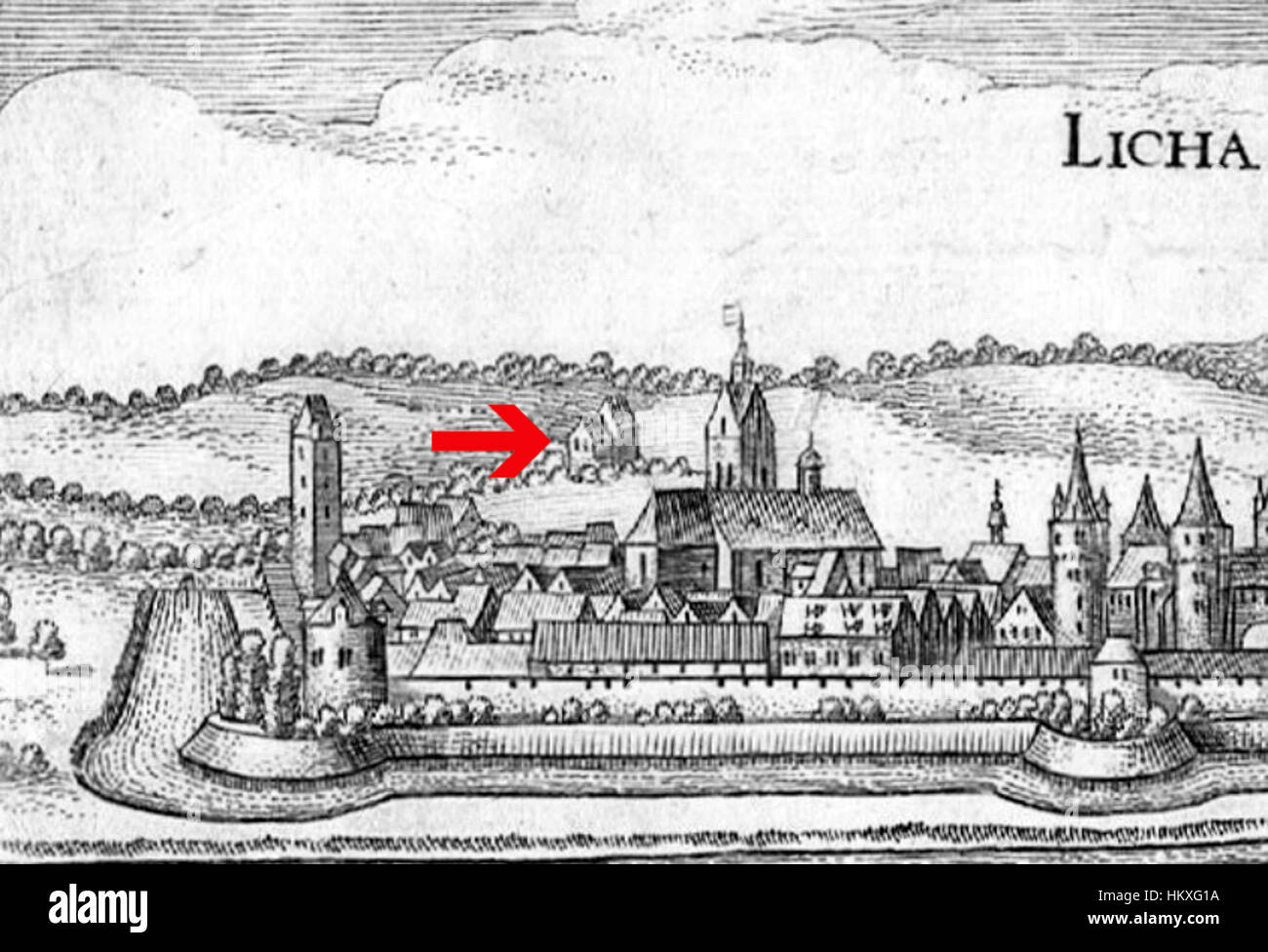 Eine Illustration der Burg Warnsberg, eine historische Burg, dargestellt vom Kartographen und Kupferstecher Matthäus Merian aus dem 17. Jahrhundert. Die detaillierte Gravur zeigt die architektonischen Elemente der Festung. Stockfoto