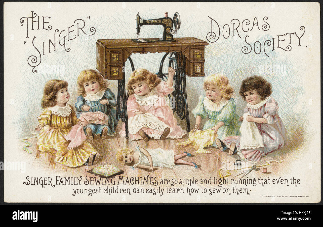 Der "Sänger" Dorcas Gesellschaft. Familie Singer Nähmaschinen sind so einfach und leicht ausgeführt, dass selbst die kleinsten Kinder leicht lernen, wie man auf sie zu nähen. (vorne) Stockfoto