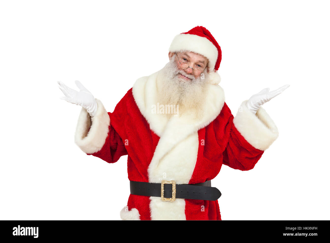 Santa Claus mit echten Bart zeigt, dass "Es tut mir leid" isoliert Stockfoto