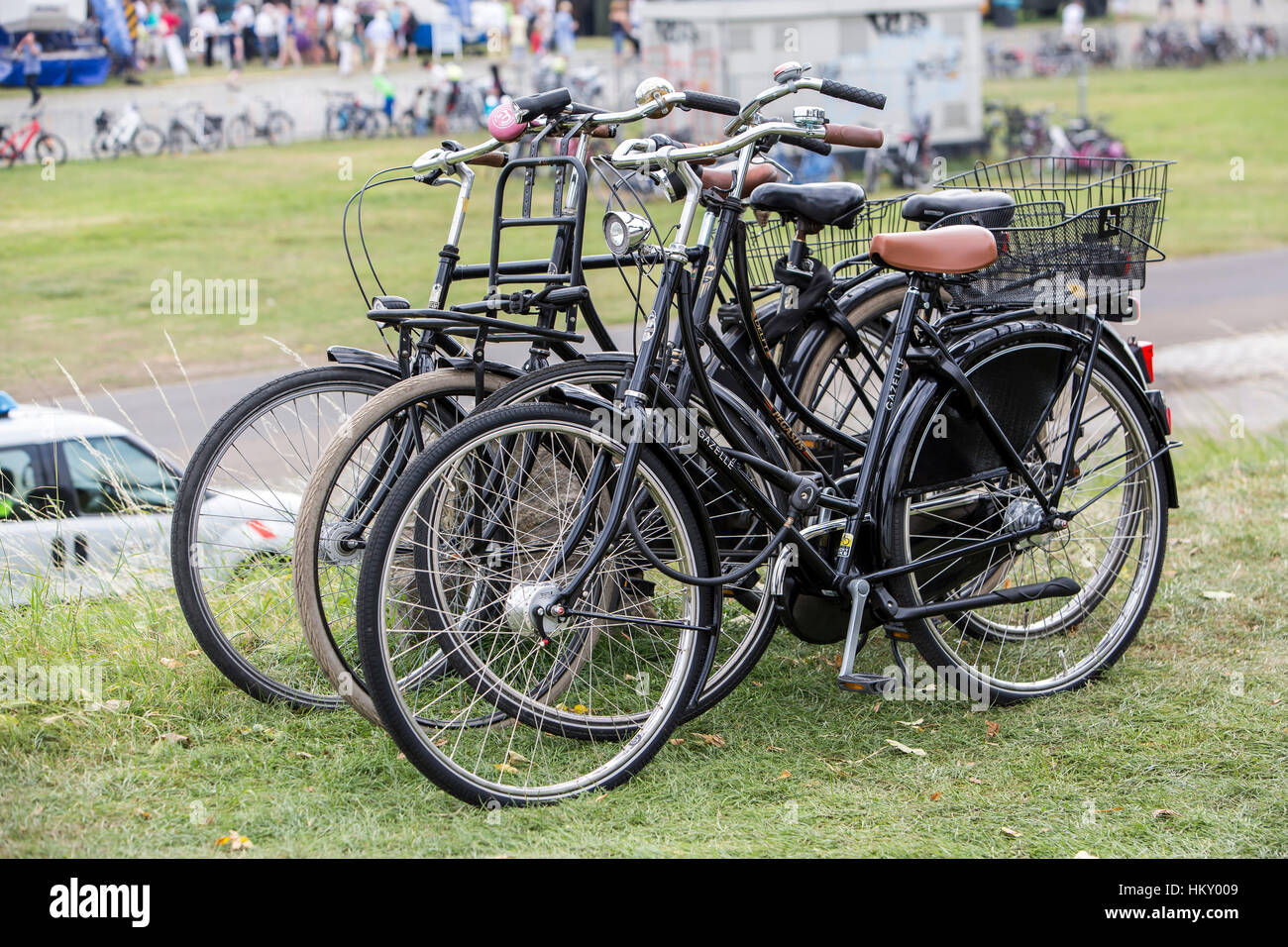 Verschiedene Fahrräder, Holland Stil Fahrräder, alte, retro Felgen, verkettet, geparkt, Stockfoto