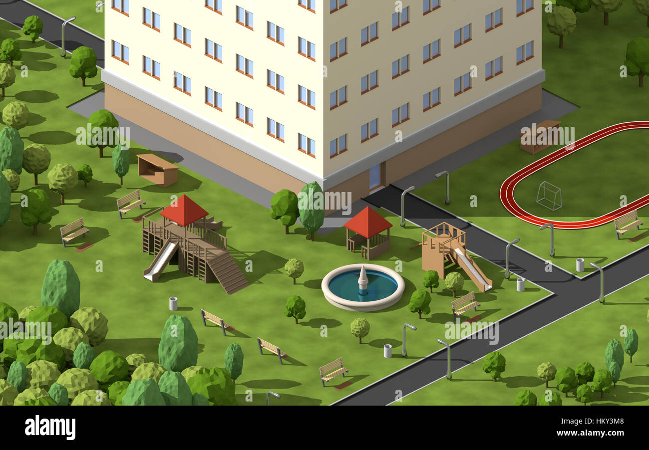 Infrastruktur rund um das Haus. Spielplatz mit dem großen Gebäude. 3D isometrische Teil der Stadt mit der Natur. Stockfoto