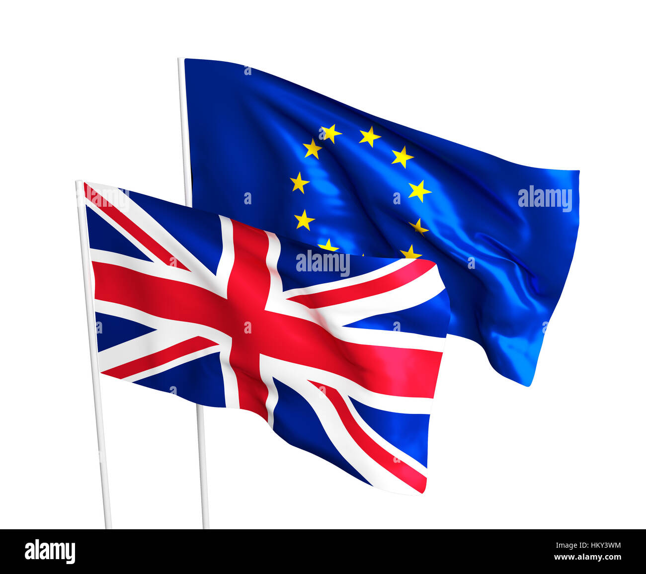 Flaggen der im Vereinigten Königreich und der Europäischen Union. Brexit-Referendum. Britische Blätter EU. Flagge auf dem weißen Hintergrund isoliert. Stockfoto
