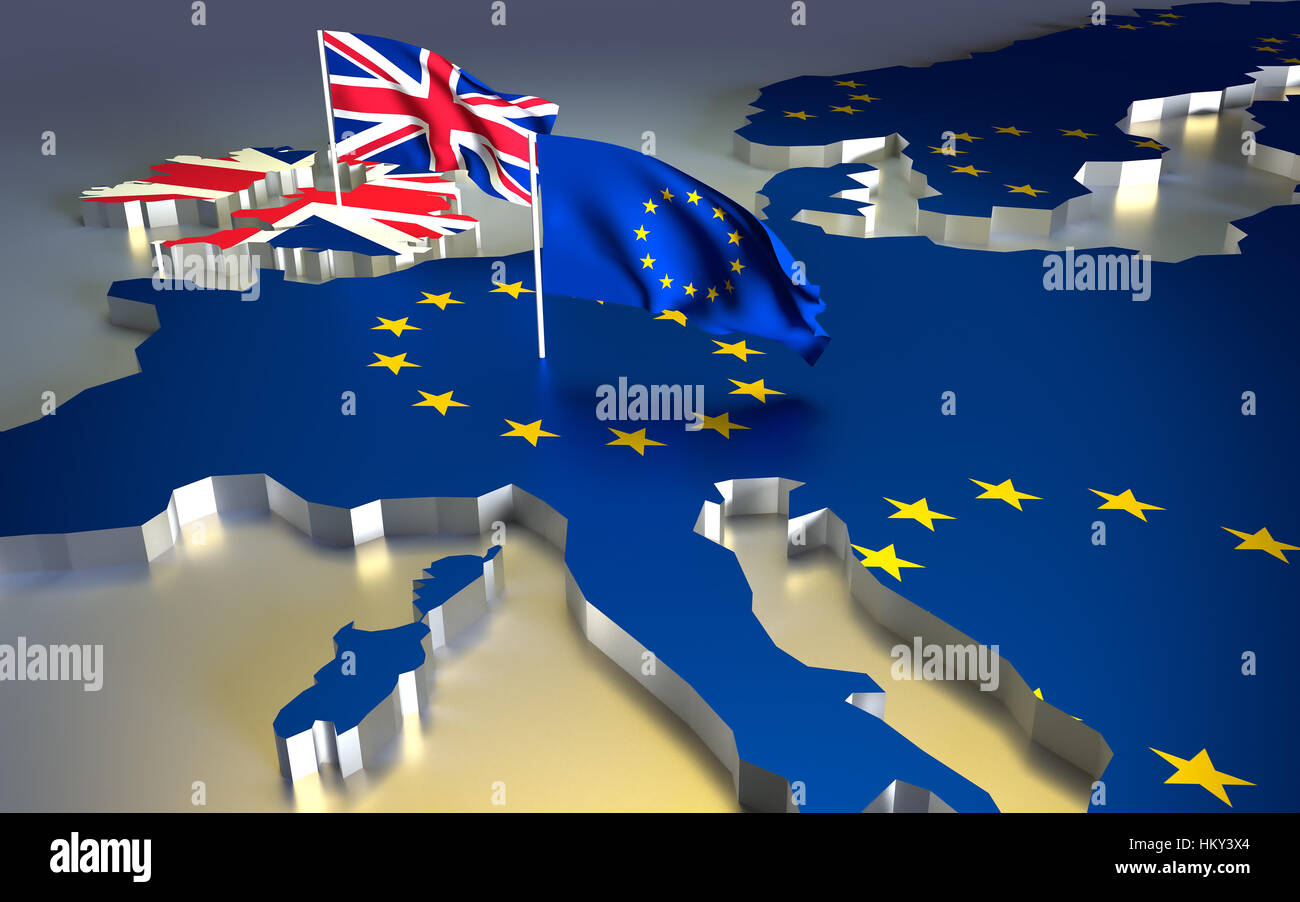 Karte von Europa mit der Nationalflagge. Brexit-Referendum UK - Vereinigtes Königreich, Großbritannien oder England aus EU - Europäische Union stimmen British exi Stockfoto