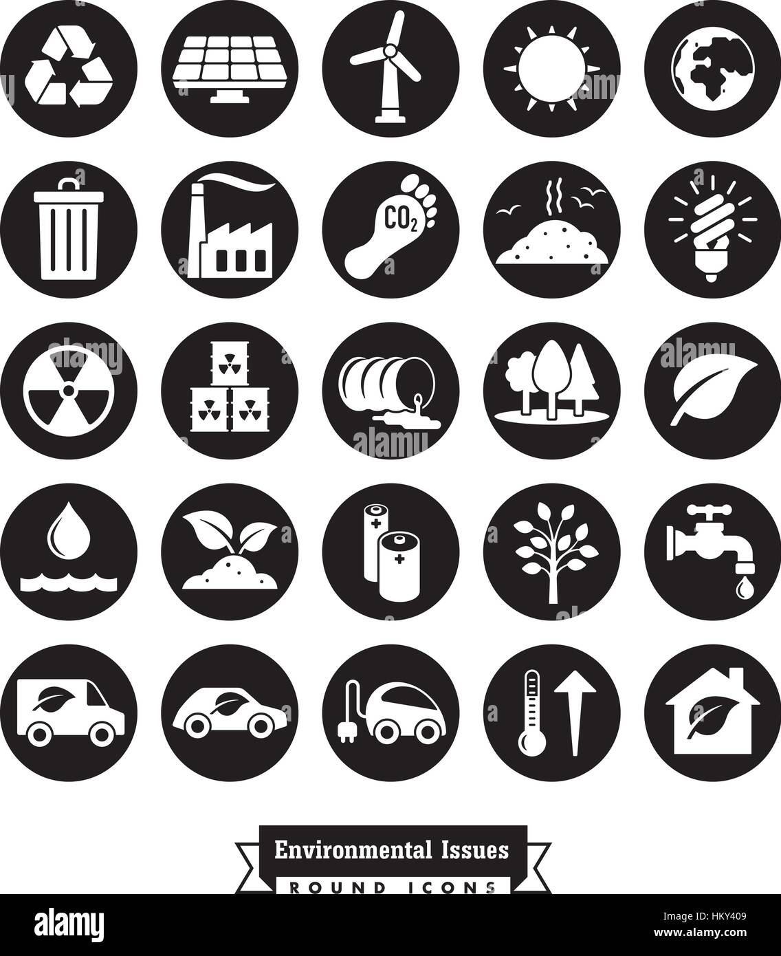 Sammlung von Umwelt- und Klimaschutz im Zusammenhang mit runden schwarzen Vektor-icons Stock Vektor