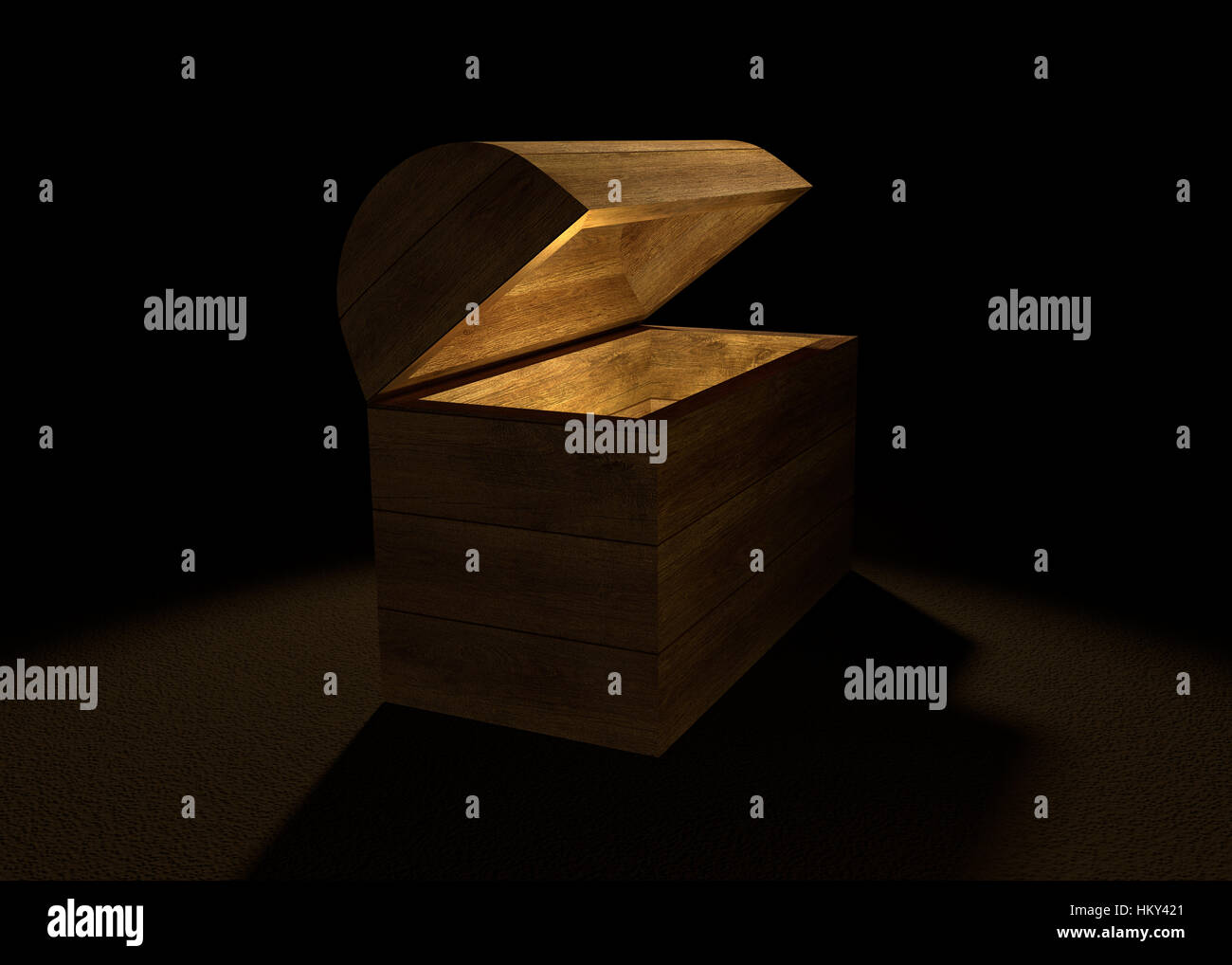 Offenen Holzkiste in der Dunkelheit mit leuchtenden geheimen Inhalt. 3D Bild rendern. Stockfoto