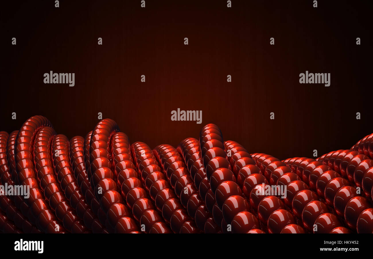 Rot glänzende Kugeln als 3D Abstact Geometrie. Verdrehte Kreisformen. Stockfoto