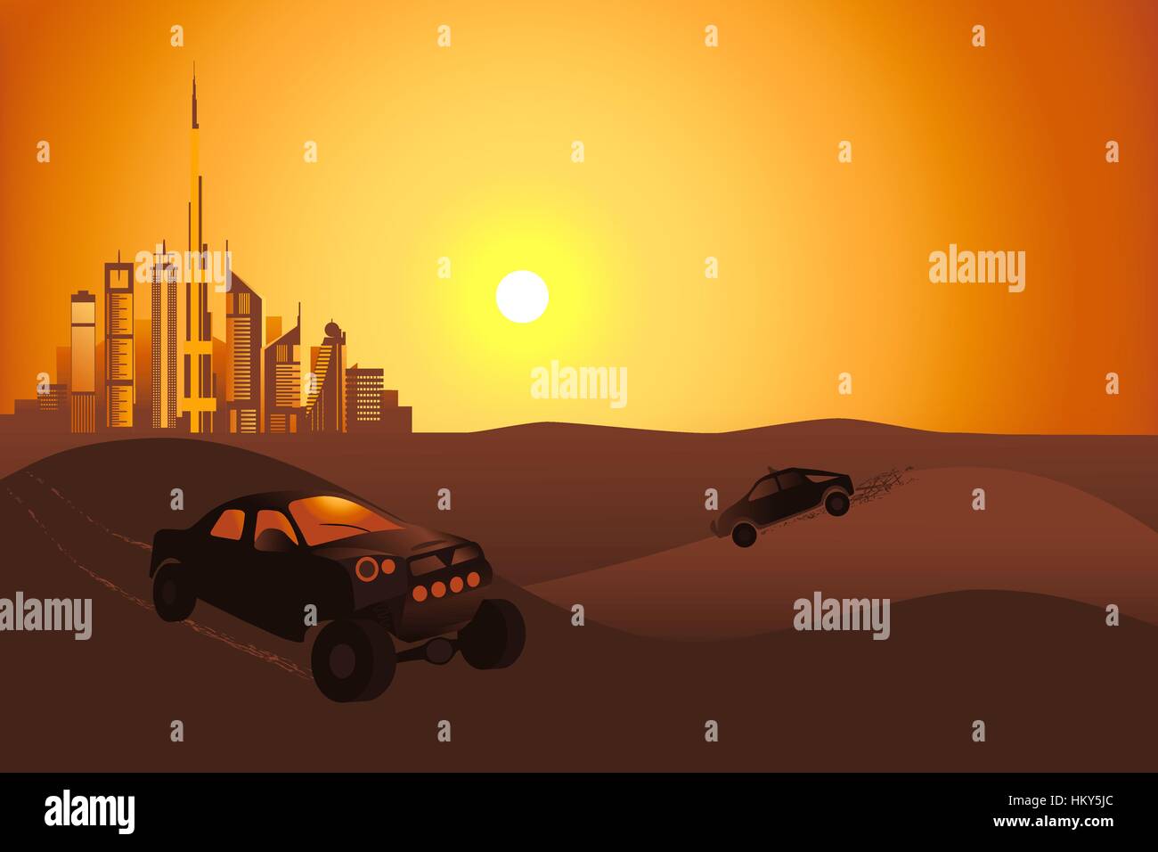 Safari-Autos in den Sonnenuntergang in der Wüste in Dubai Stadt Hintergrund Vektor-illustration Stock Vektor