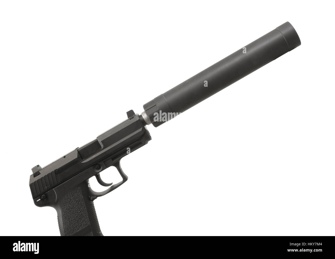 Schalldämpfer für eine Pistole, isoliert auf weiss Stockfoto