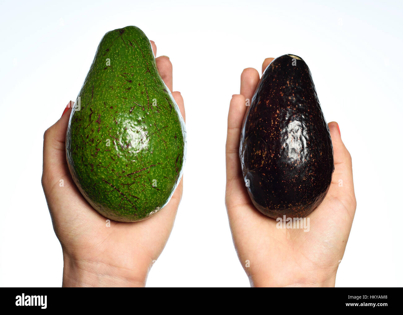 Grün und Avocados in Händen isoliert auf weiss Stockfoto