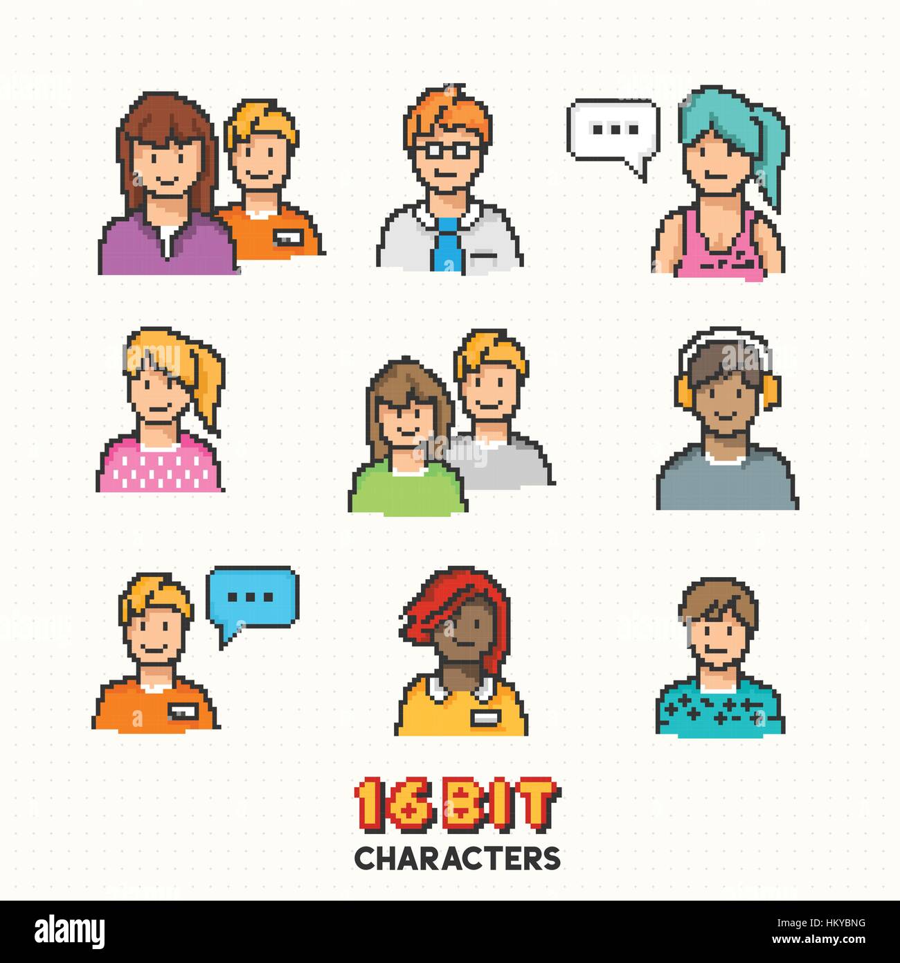 Eine Sammlung von jungen Erwachsenen Zeichen in 16-Bit Grafik. Vektor-illustration Stock Vektor