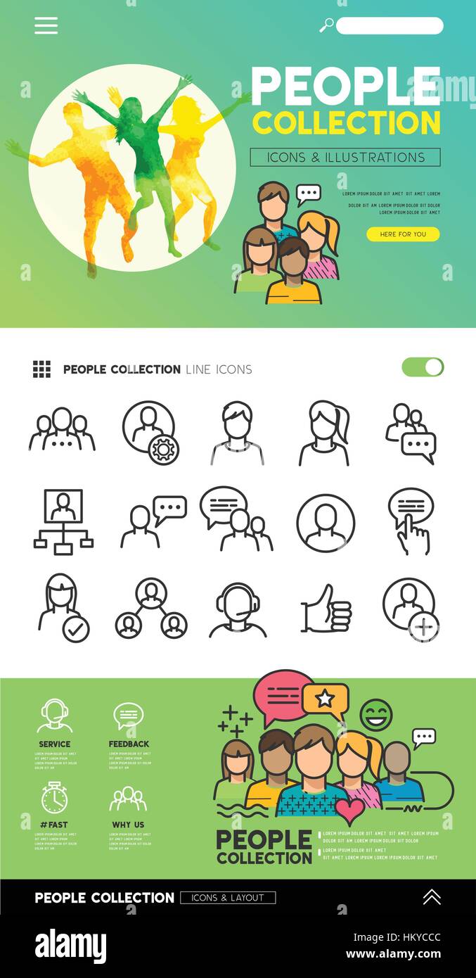 Menschen-Icons und Illustrationen mit Teams und miteinander verbundene Gruppen. Vektor-Illustration. Stock Vektor