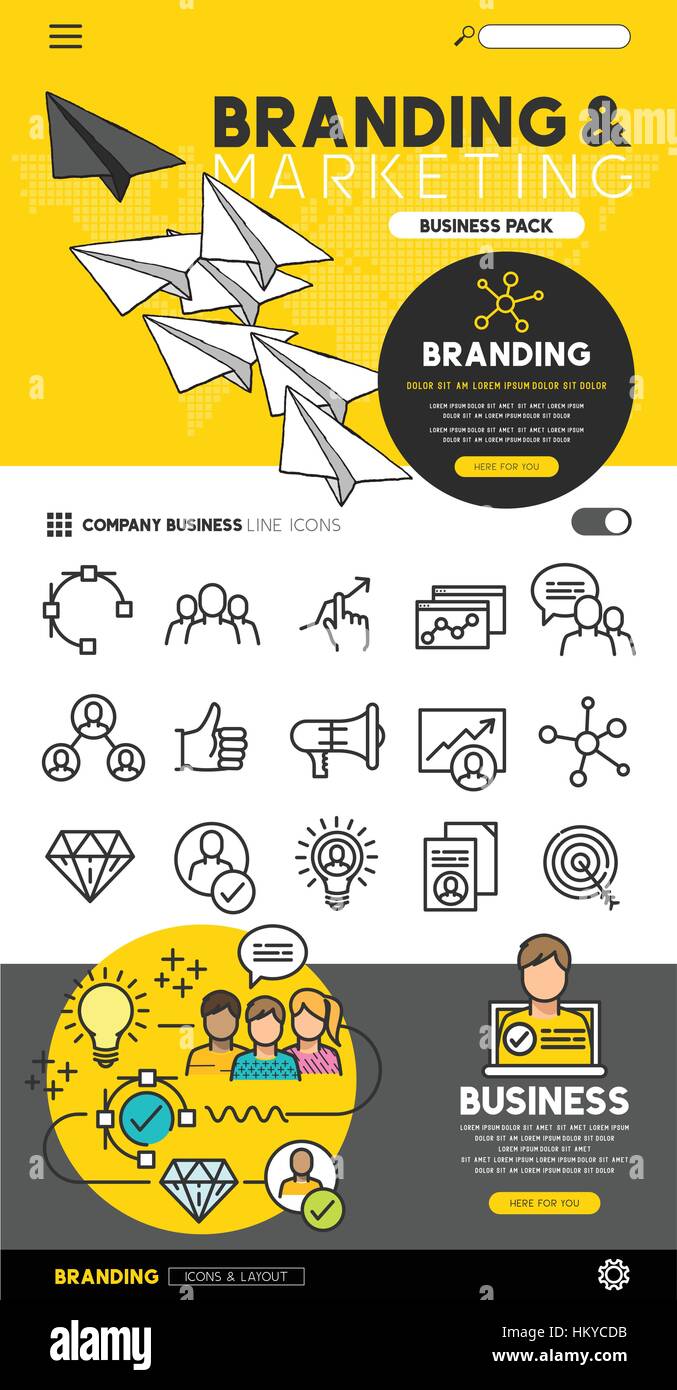 Business branding und Marketing-Set mit flachen Linie Icons und Illustrationen - Vektor-Sammlung. Stock Vektor