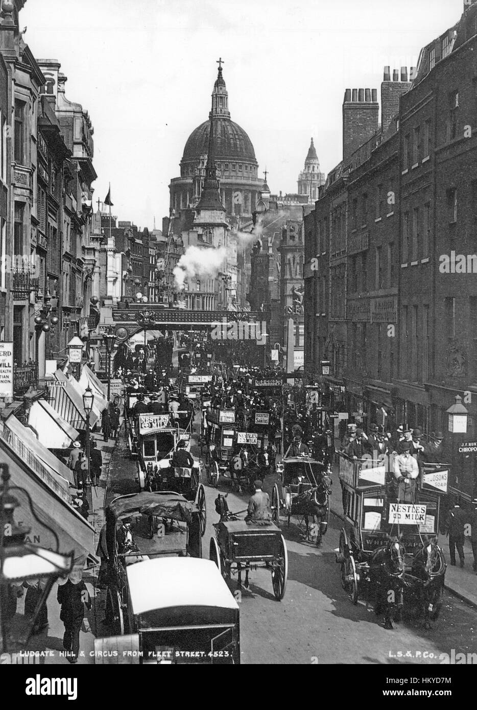 FLEET STREET-Postkarte um 1900 mit Blick auf Ludgate Circus und St. Pauls. Foto: London stereoskopische Company Stockfoto